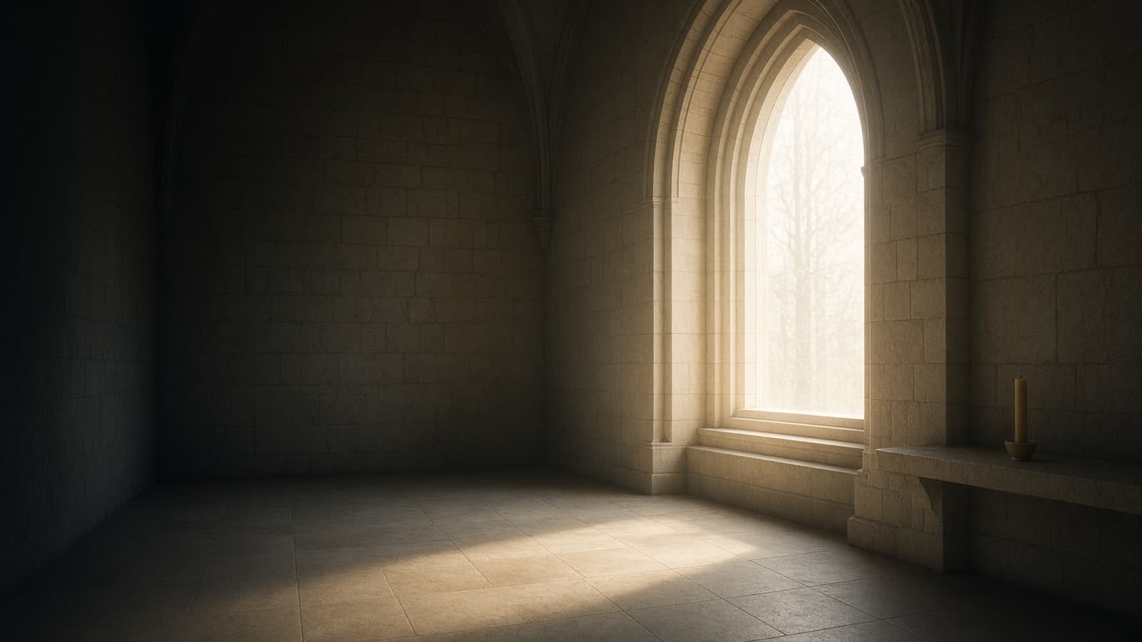 Empty limestone hall with a tall pointed arch, warm light on the floor, and a single candle. An atmospheric photograph for The Sacred House, not a client ceremony and not a venue of the ministry.
