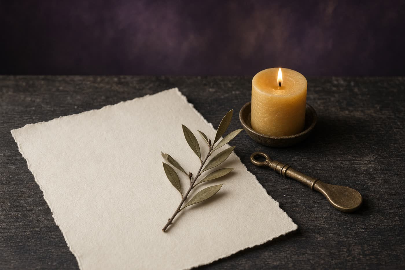 Handmade ivory paper, an olive sprig, and a beeswax candle on a dark table. A still life for The Sacred House, not a photograph of a client.